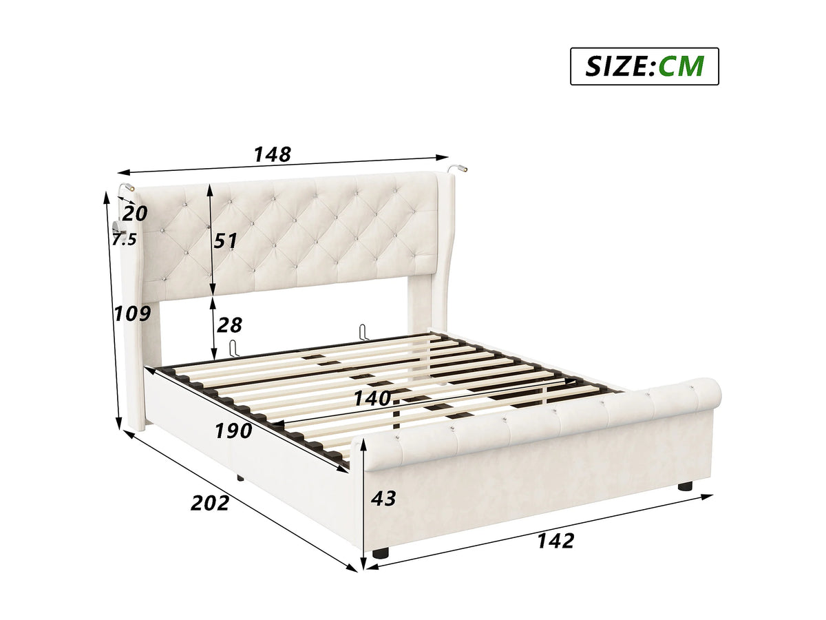 Lit Coffre 140x190 Velours Beige avec Chevets et LED — vue 8