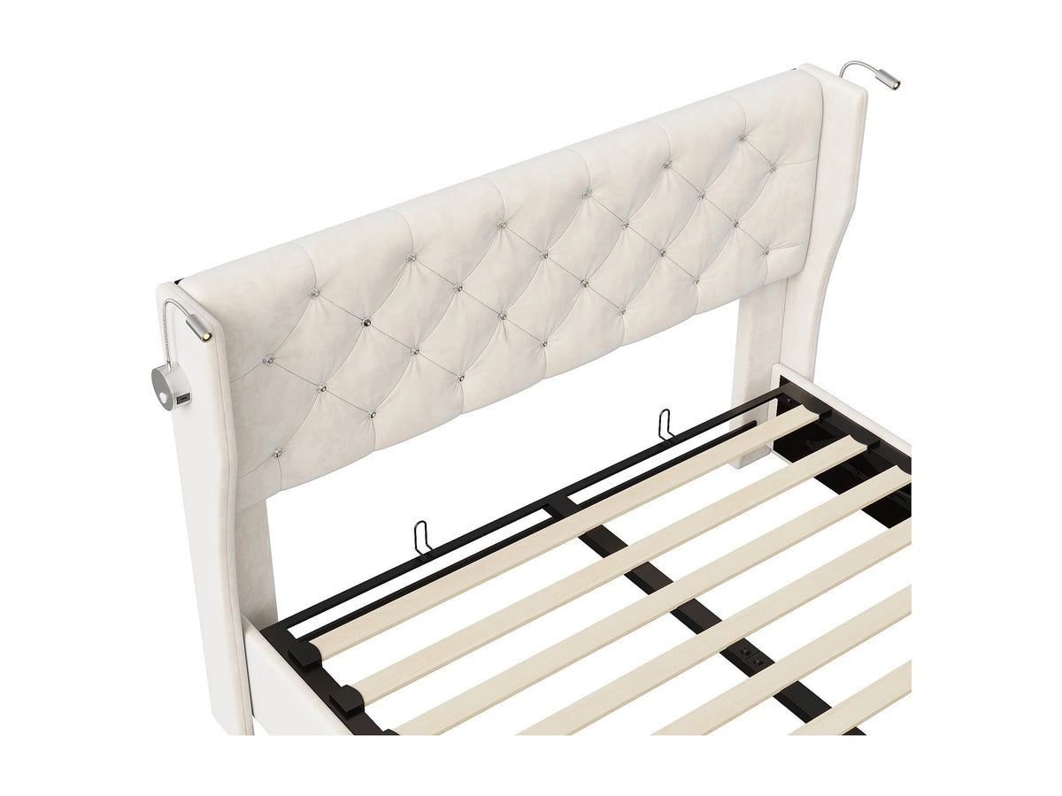 Lit Coffre 140x190 Velours Beige avec Chevets et LED — vue 9