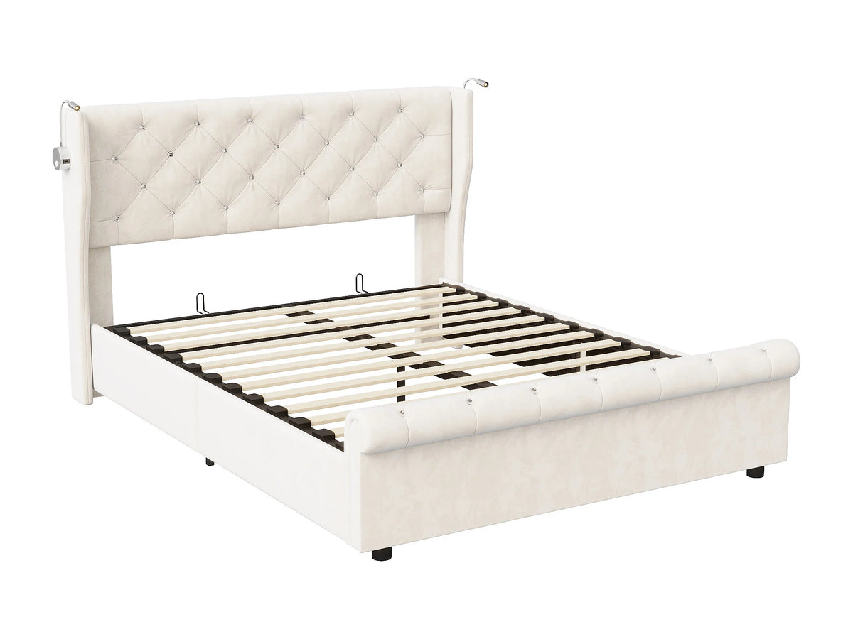 Lit Coffre 140x190 Velours Beige avec Chevets et LED — vue 10