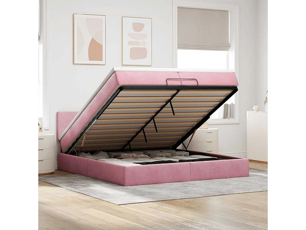 Lit Coffre 200x200 Velours Rose avec Matelas, LED et Port USB