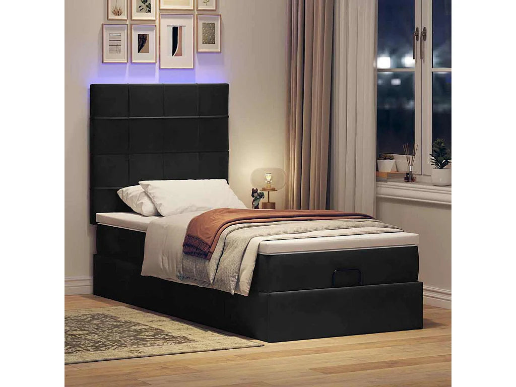 Lit Coffre 90x190 Velours Noir avec Matelas, LED et Port USB — vue 2