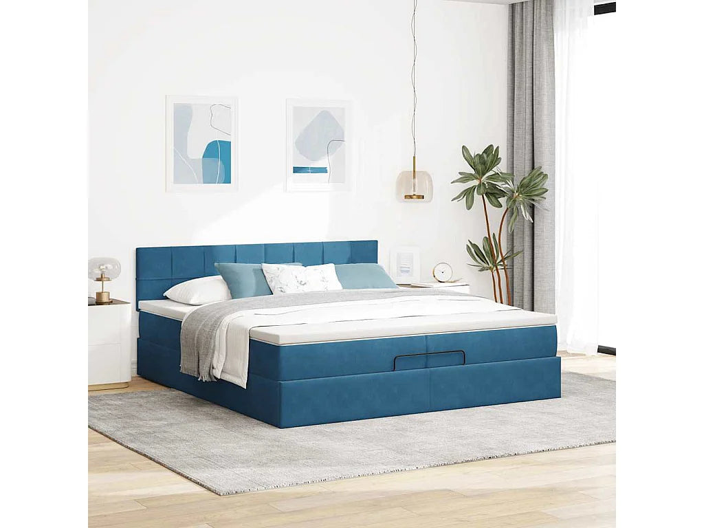 Lit Coffre 200x200 Velours Bleu avec Matelas — vue 2