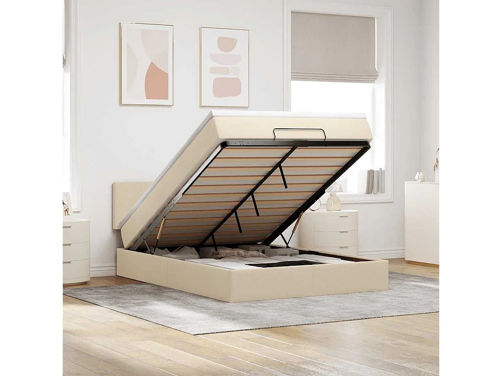Lit Coffre 140x190 Tissu Crème avec Matelas, LED et Port USB