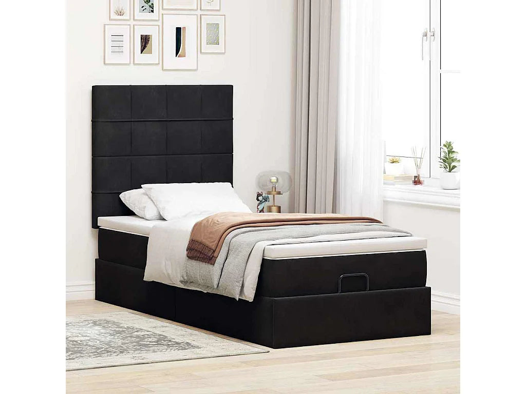 Lit Coffre 90x200 Velours Noir avec Matelas, LED et Port USB — vue 3