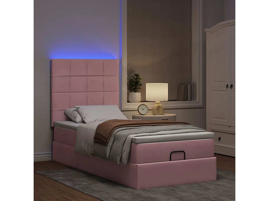 Lit Coffre 90x190 Velours Rose avec Matelas, LED et Port USB — vue 2
