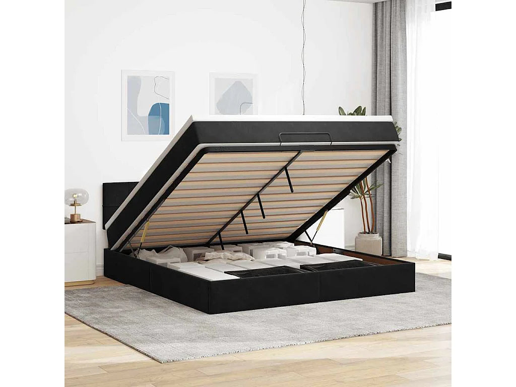 Lit Coffre 180x200 Velours Noir avec Matelas, LED et Port USB