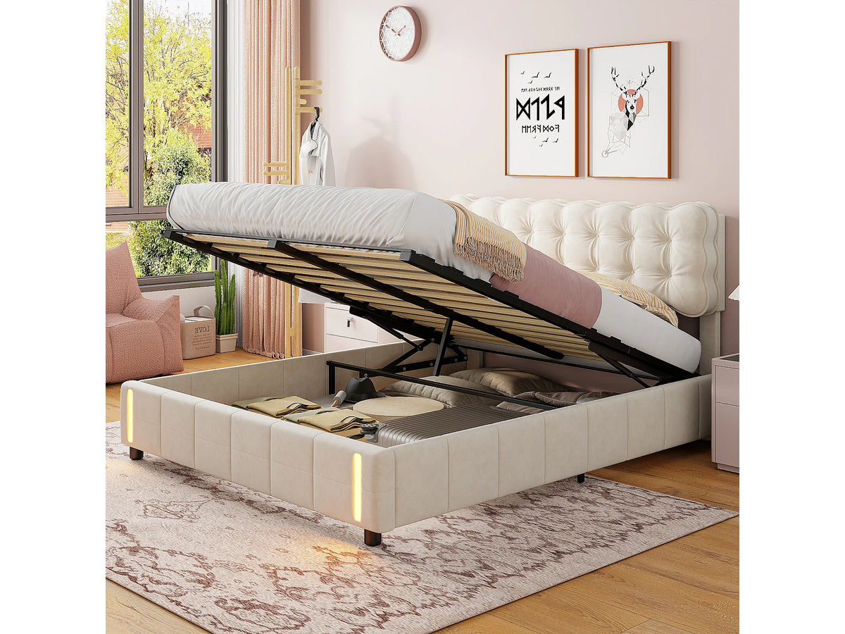 Lit Coffre 140x200 Velours Beige avec Chevets et LED