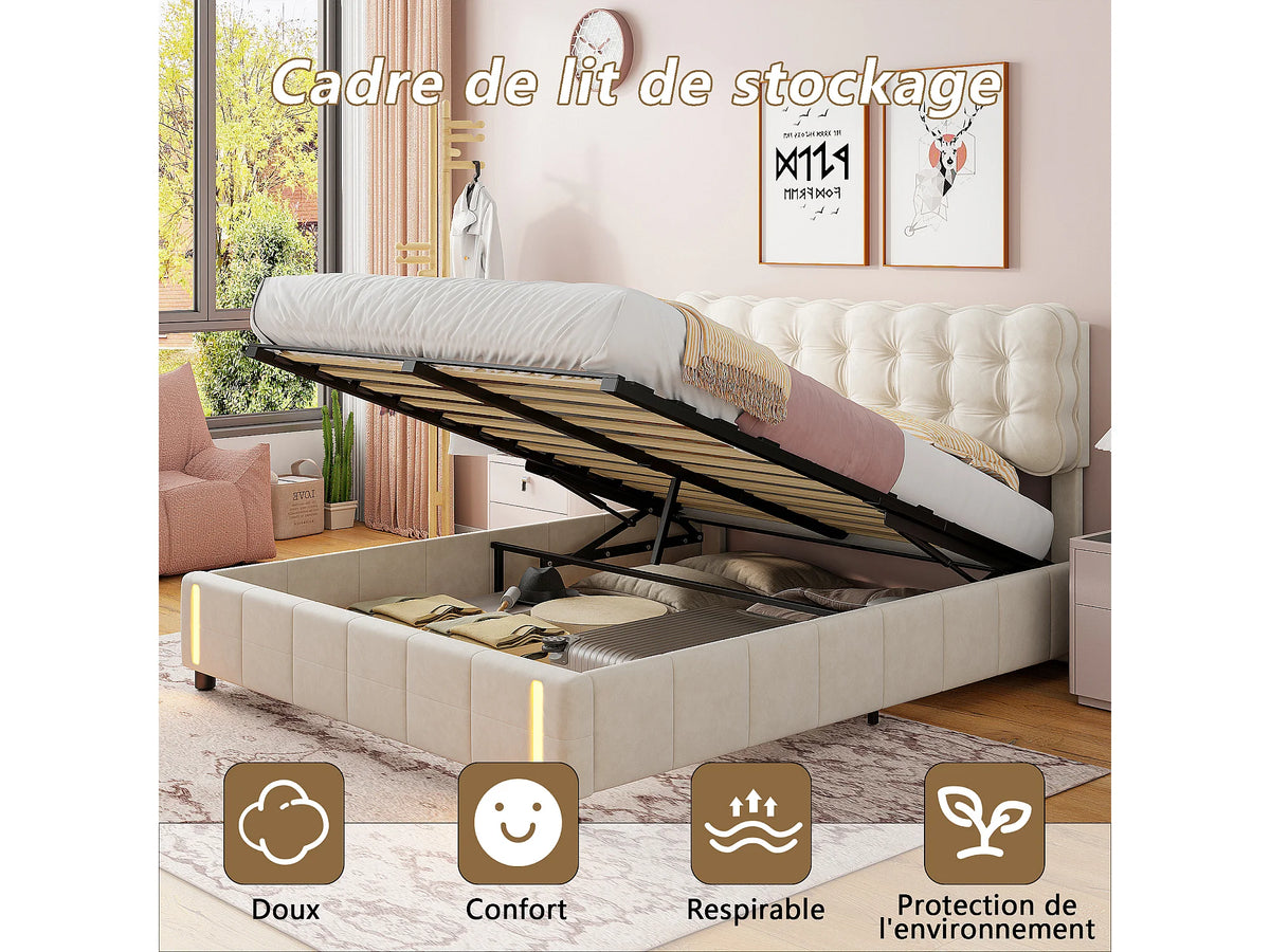 Lit Coffre 140x200 Velours Beige avec Chevets et LED — vue 3