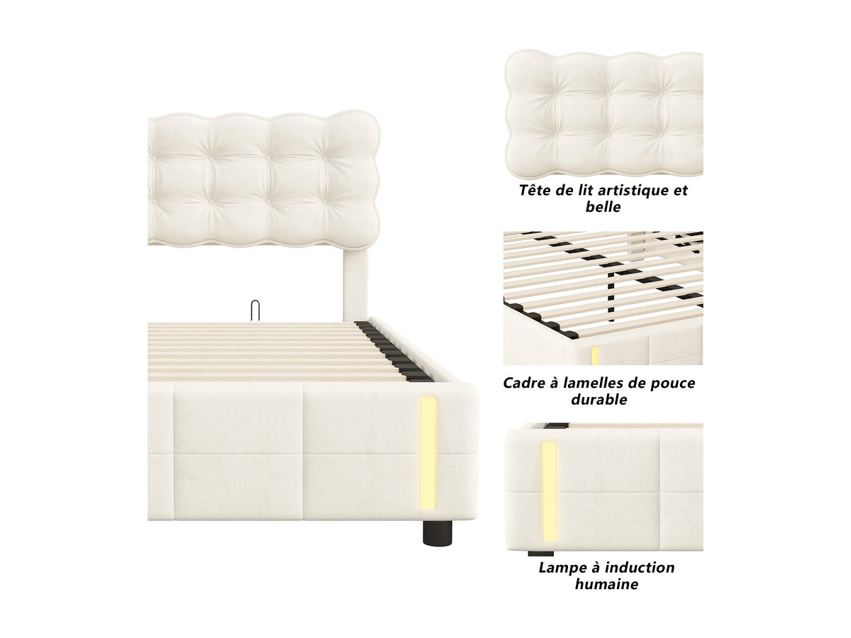 Lit Coffre 140x200 Velours Beige avec Chevets et LED — vue 7