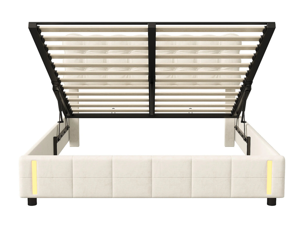 Lit Coffre 140x200 Velours Beige avec Chevets et LED — vue 4