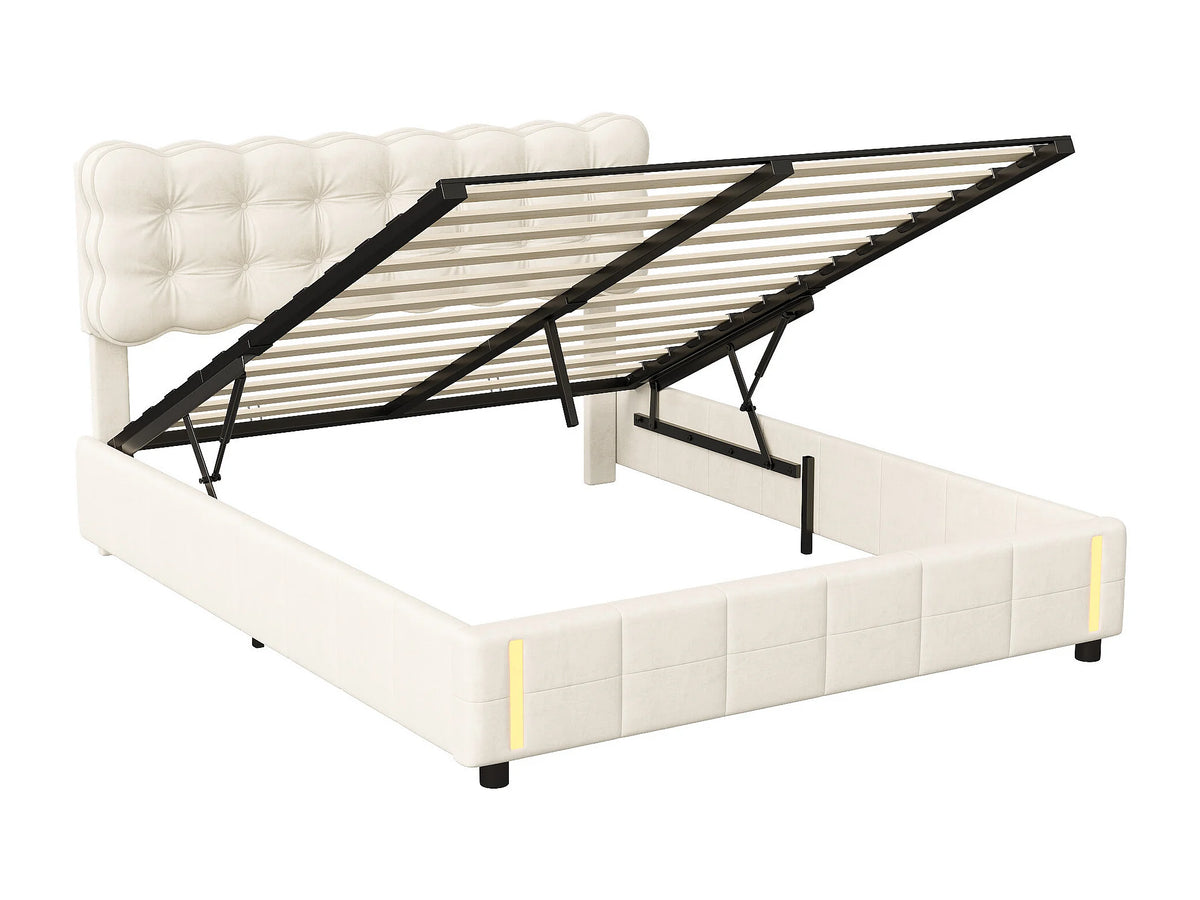 Lit Coffre 140x200 Velours Beige avec Chevets et LED — vue 10