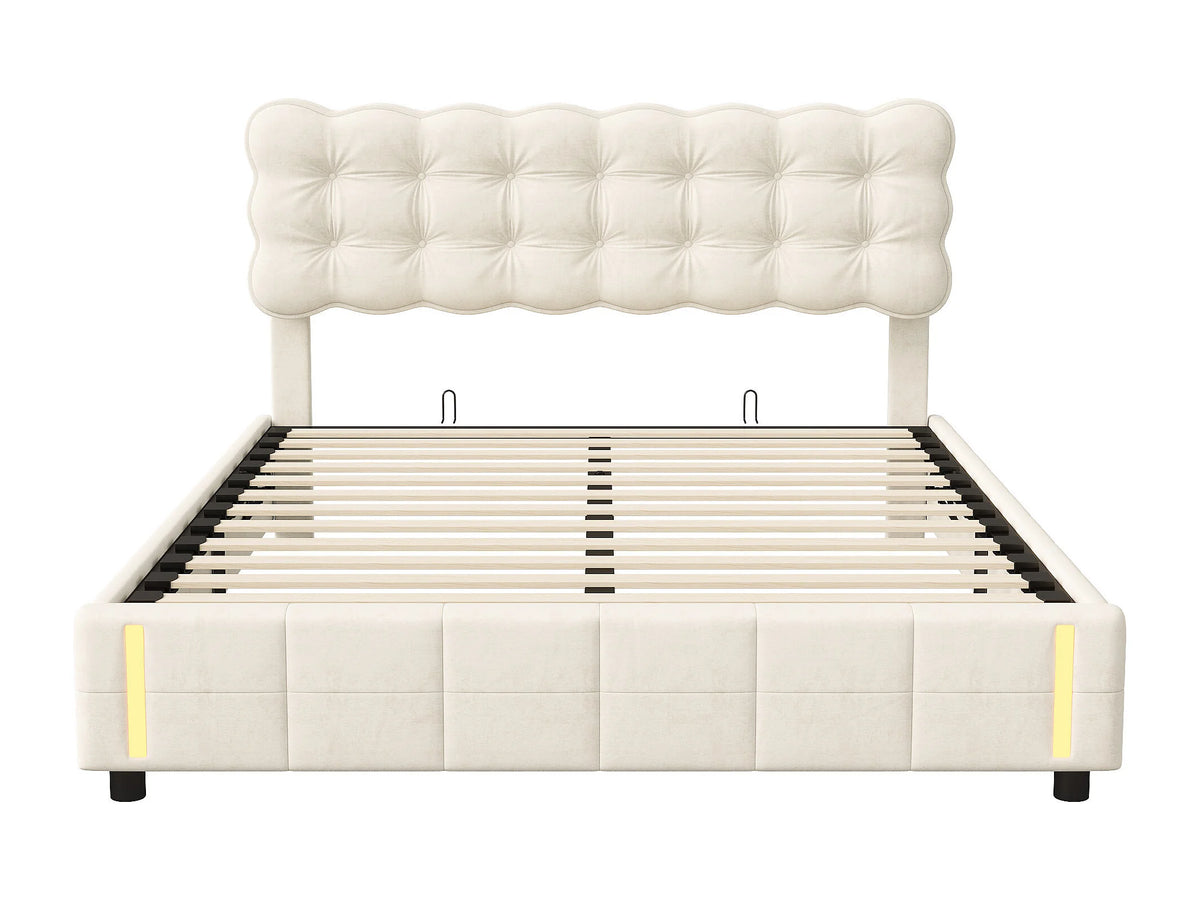 Lit Coffre 140x200 Velours Beige avec Chevets et LED — vue 5