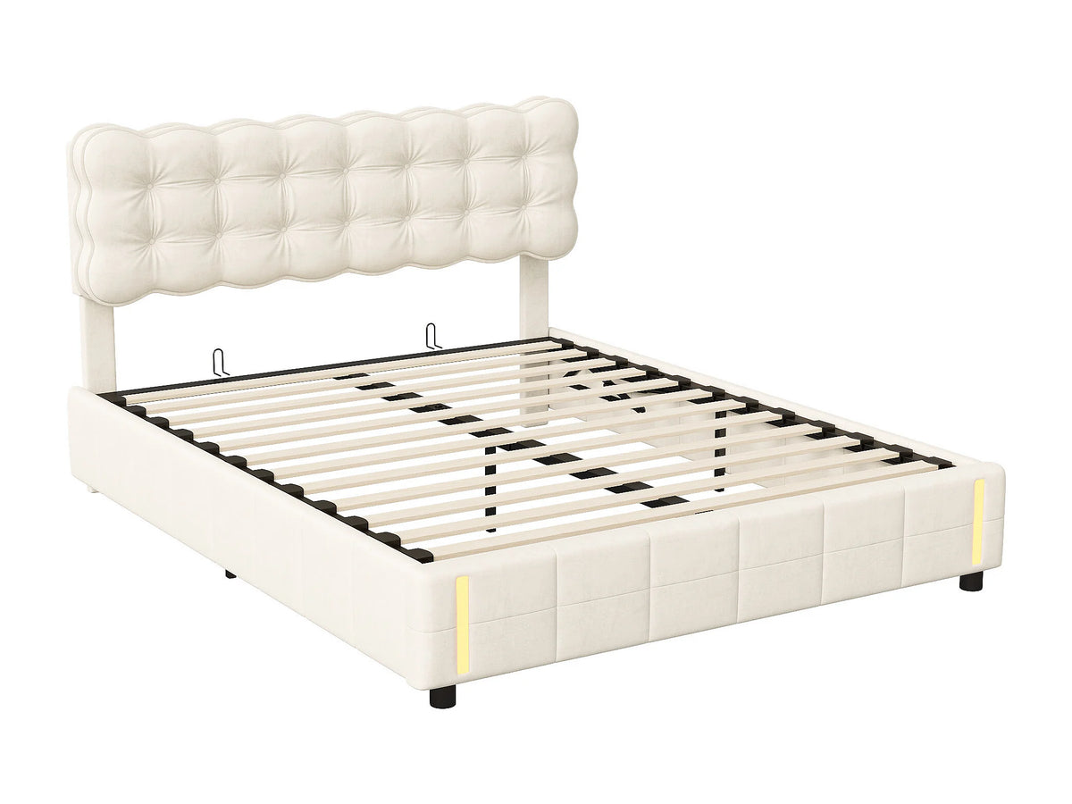 Lit Coffre 140x200 Velours Beige avec Chevets et LED — vue 6
