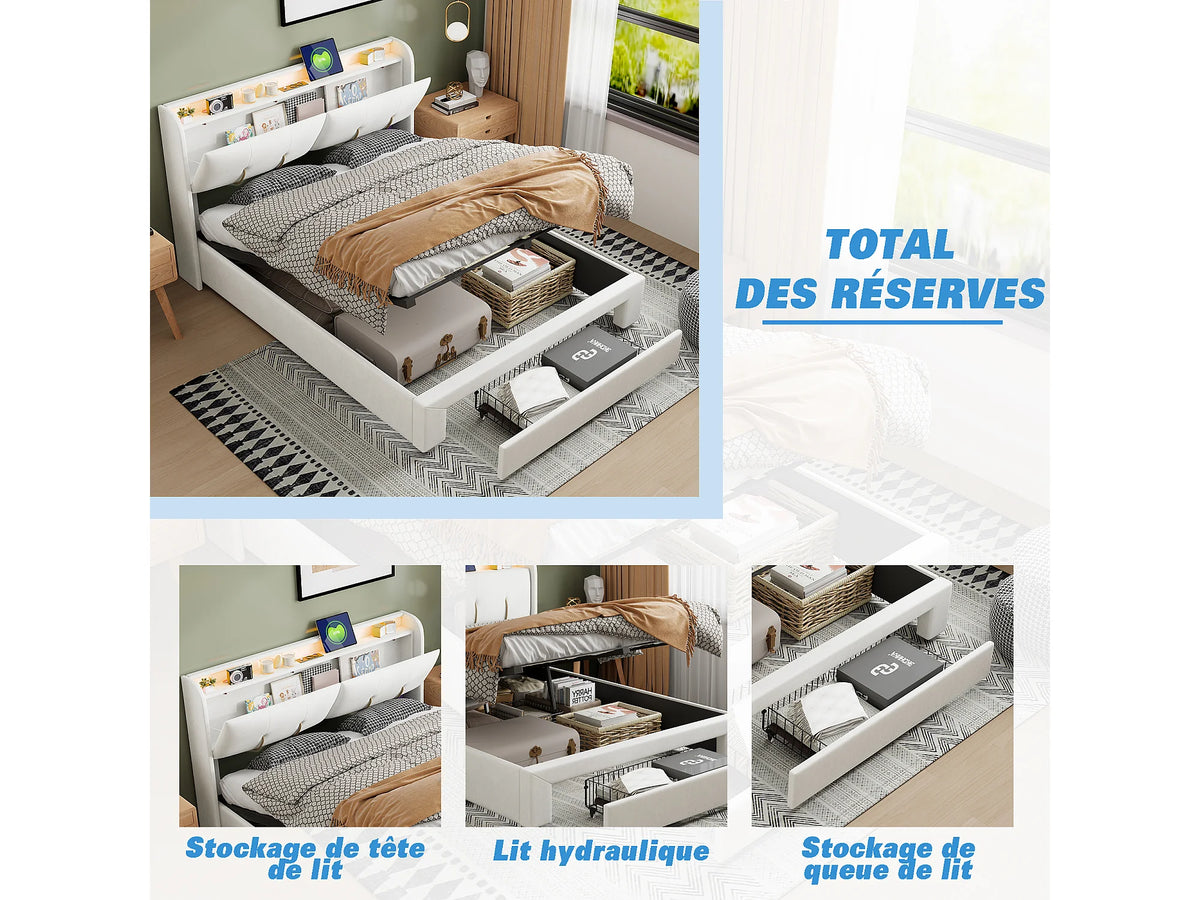 Lit Coffre 140x200 Velours Blanc avec LED et Port USB — vue 3