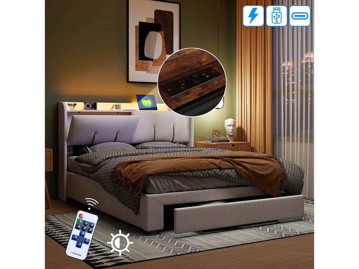 Lit Coffre 140x200 Velours Blanc avec LED et Port USB — vue 4