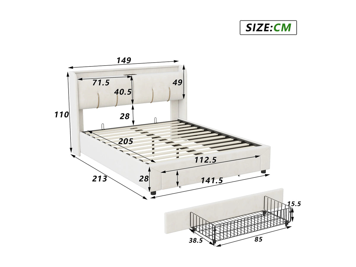Lit Coffre 140x200 Velours Blanc avec LED et Port USB — vue 8