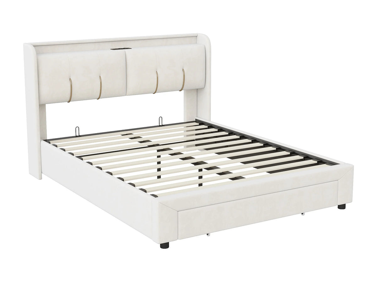 Lit Coffre 140x200 Velours Blanc avec LED et Port USB — vue 6