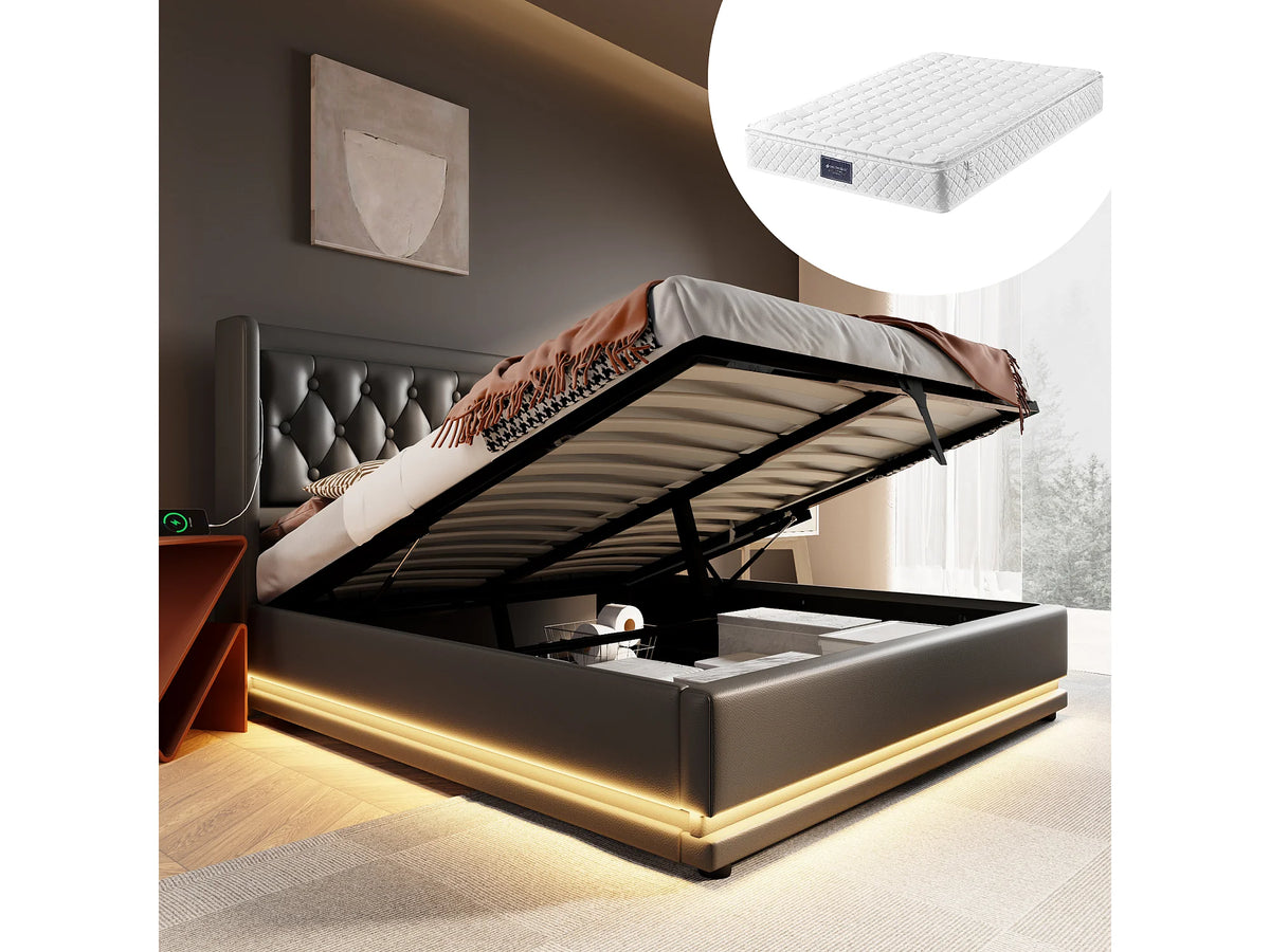 Lit Coffre 160x200 Simili Cuir Noir avec Matelas, LED et Port USB