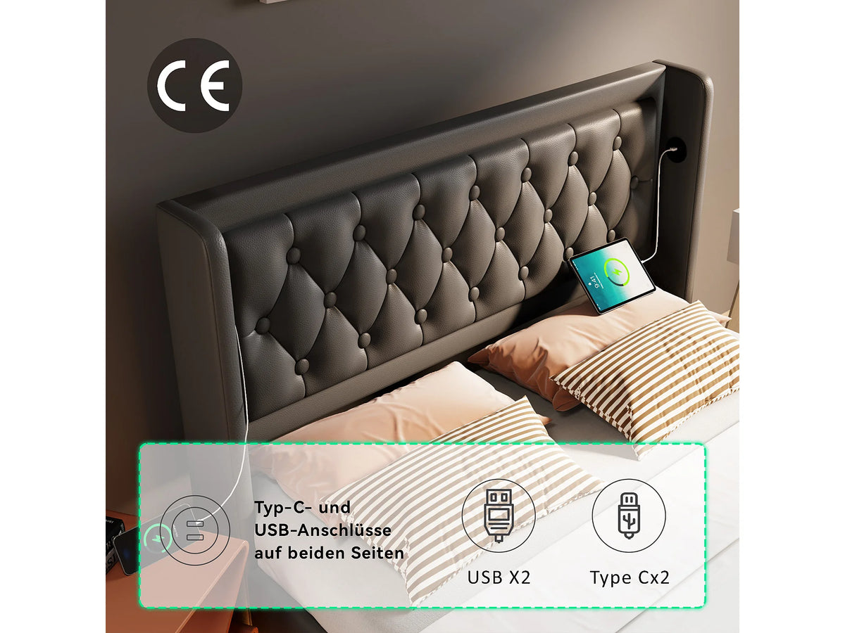 Lit Coffre 160x200 Simili Cuir Noir avec Matelas, LED et Port USB — vue 9