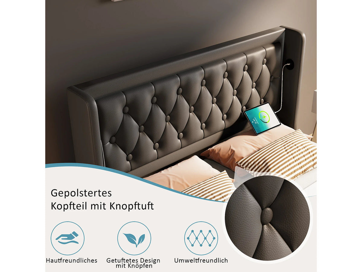 Lit Coffre 160x200 Simili Cuir Noir avec Matelas, LED et Port USB — vue 10