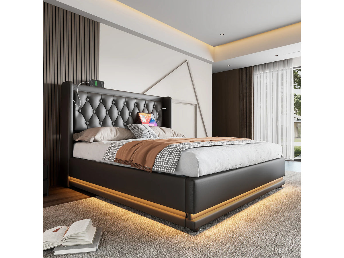 Lit Coffre 160x200 Simili Cuir Noir avec Matelas, LED et Port USB — vue 5