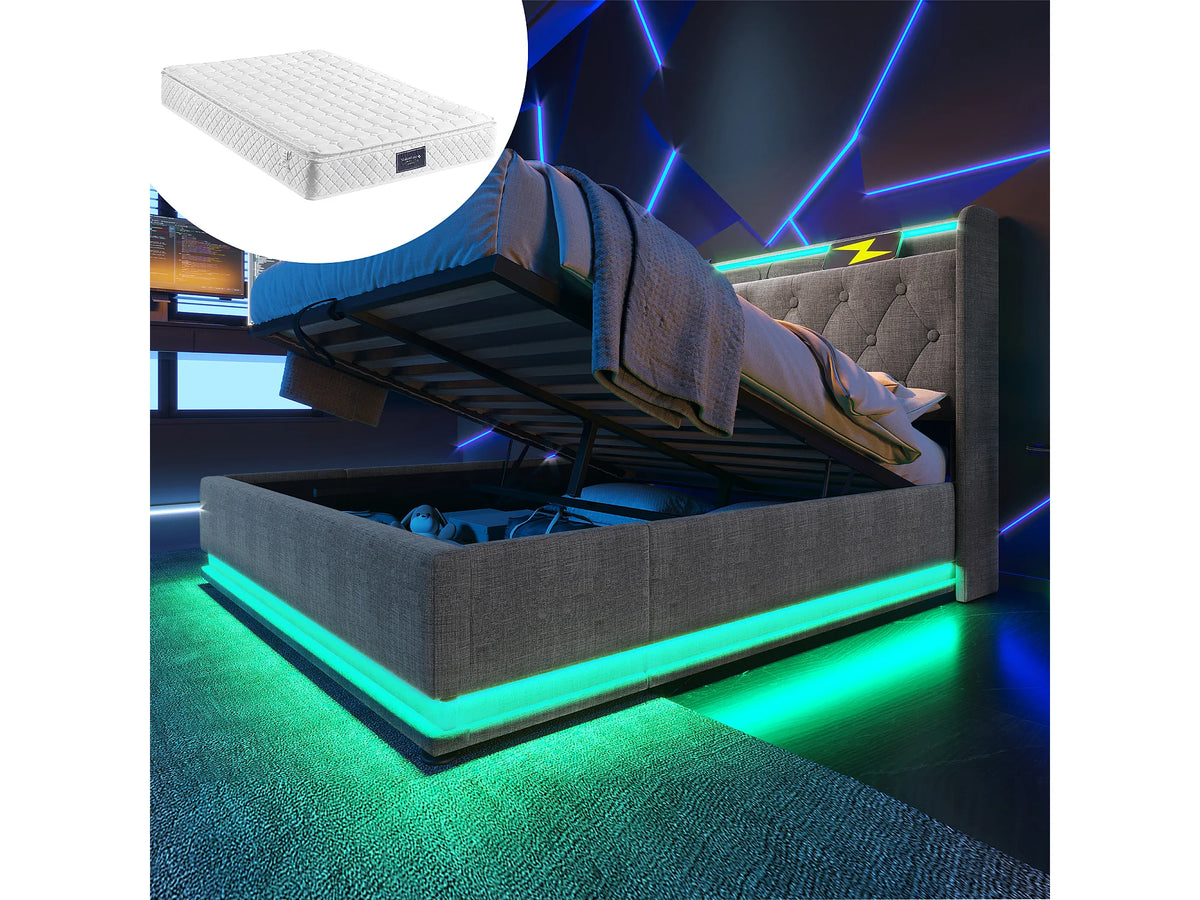 Lit Coffre 160x200 Tissu Lin Gris avec Matelas, LED et Port USB