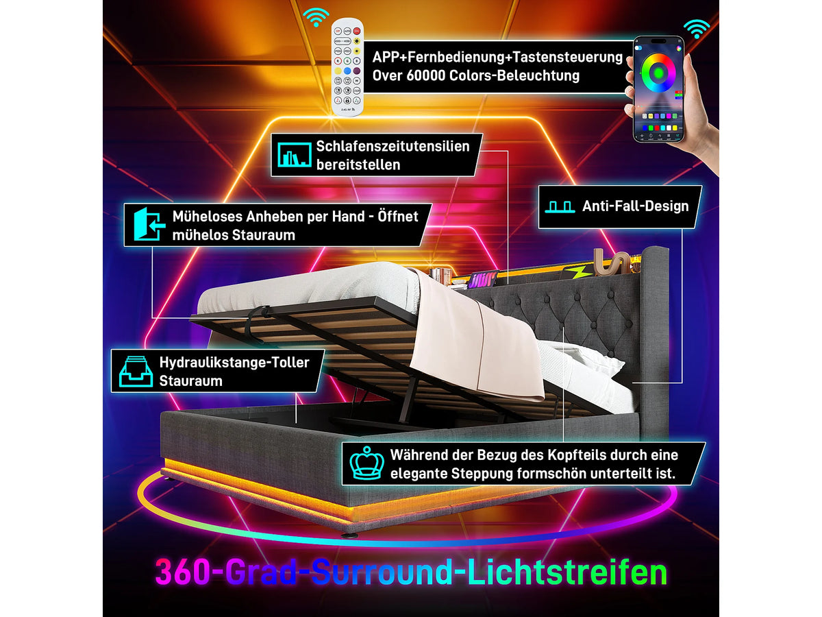 Lit Coffre 160x200 Tissu Lin Gris avec Matelas, LED et Port USB — vue 9