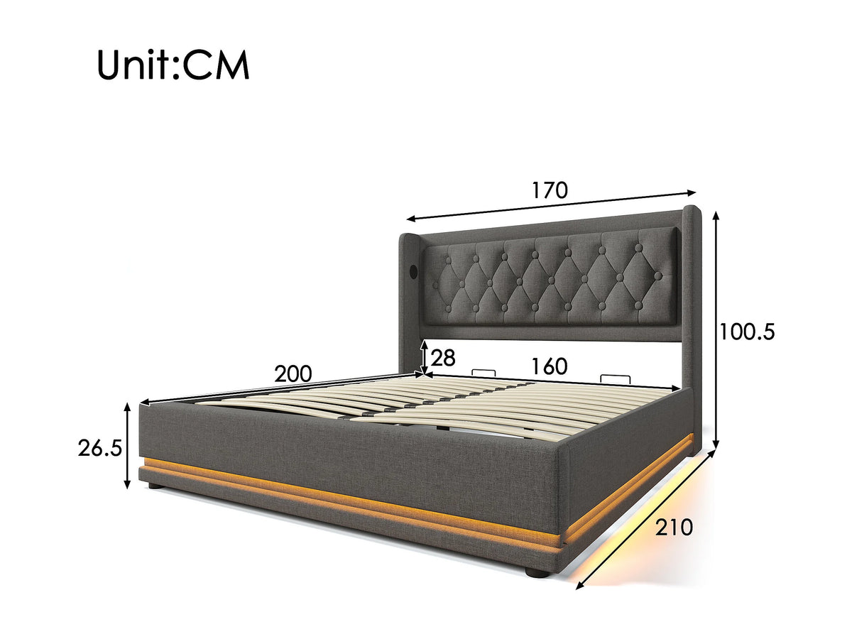 Lit Coffre 160x200 Tissu Gris avec Matelas, LED et Port USB — vue 5