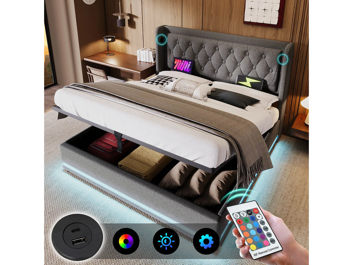 Lit Coffre 160x200 Tissu Gris avec Matelas, LED et Port USB