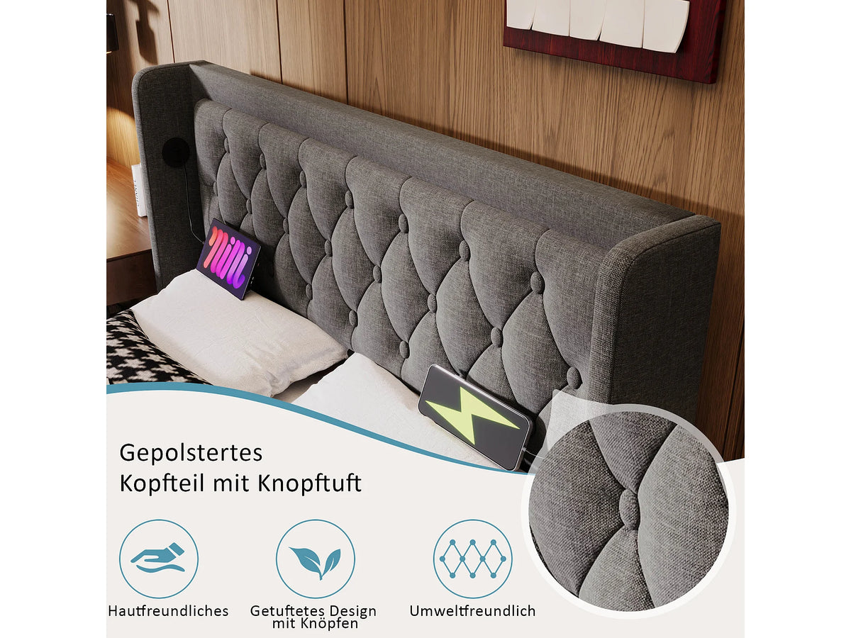 Lit Coffre 160x200 Tissu Gris avec Matelas, LED et Port USB — vue 6