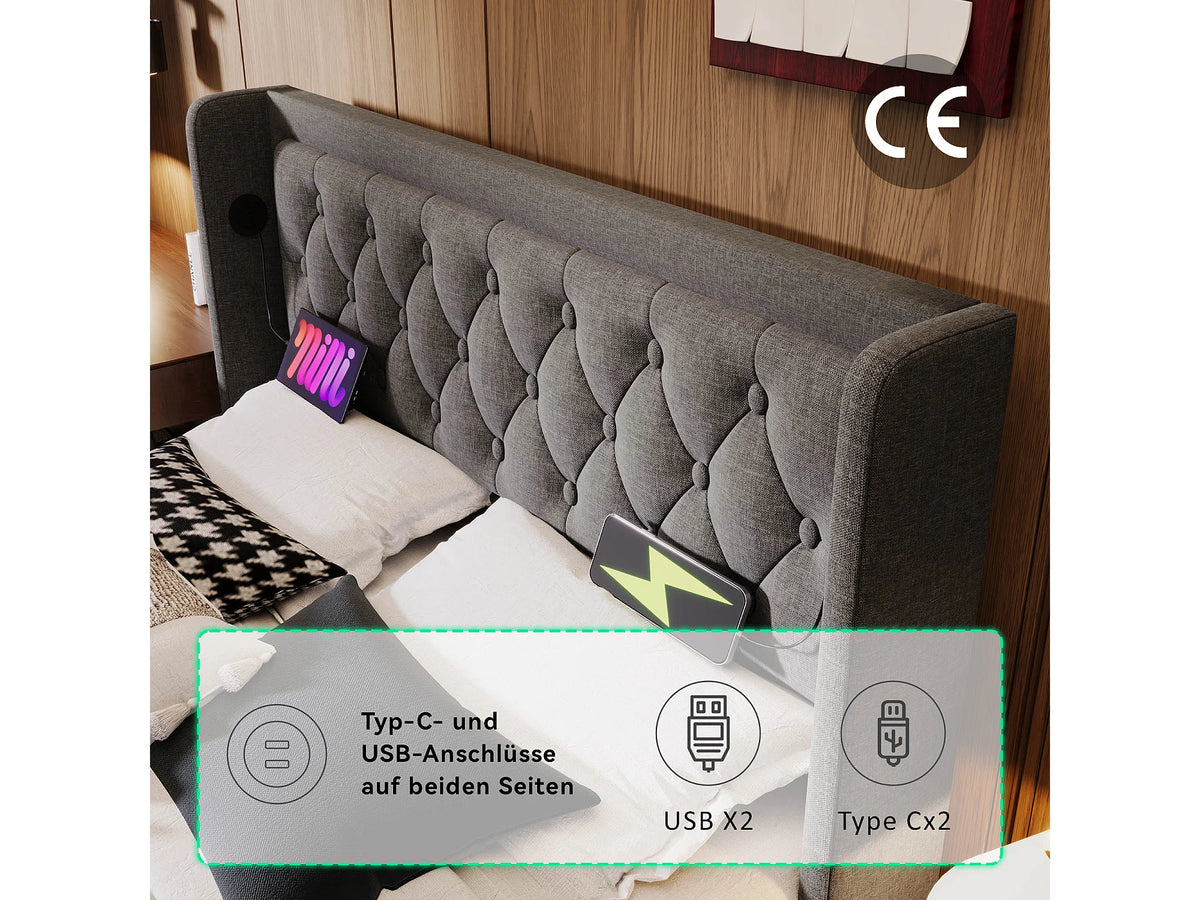 Lit Coffre 160x200 Tissu Gris avec Matelas, LED et Port USB — vue 7