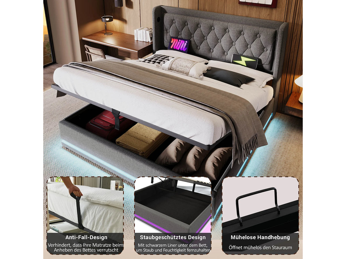 Lit Coffre 160x200 Tissu Gris avec Matelas, LED et Port USB — vue 2