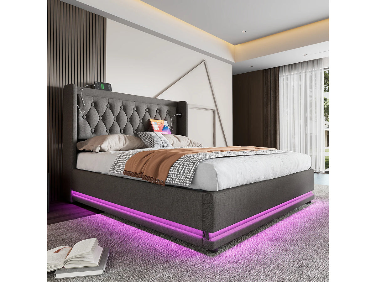 Lit Coffre 160x200 Tissu Gris avec Matelas, LED et Port USB — vue 9