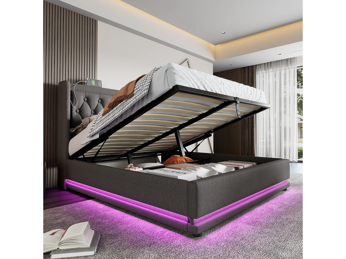 Lit Coffre 160x200 Tissu Gris avec Matelas, LED et Port USB — vue 10
