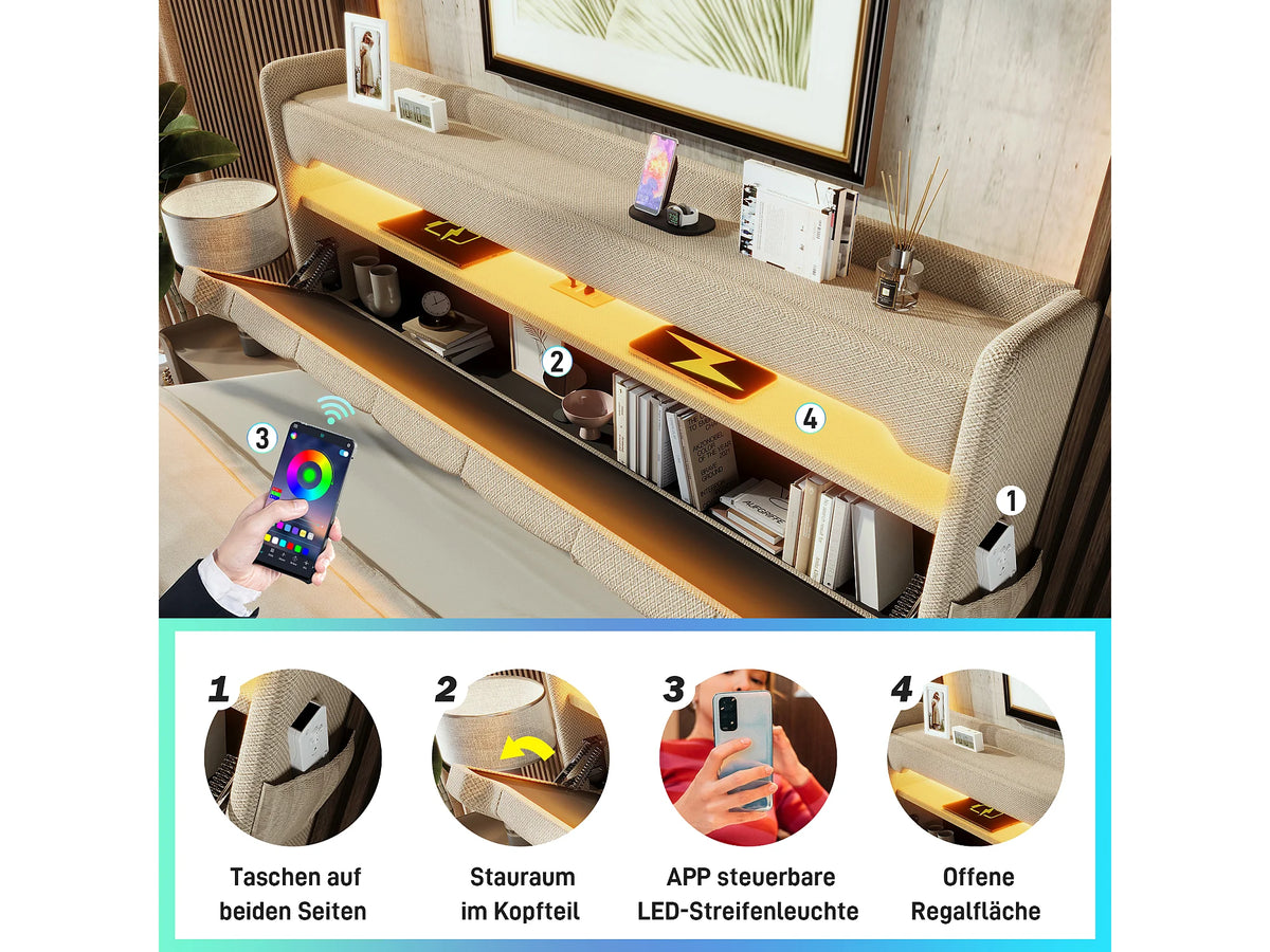 Lit Coffre 180x200 Tissu Lin Beige avec LED et Port USB — vue 5