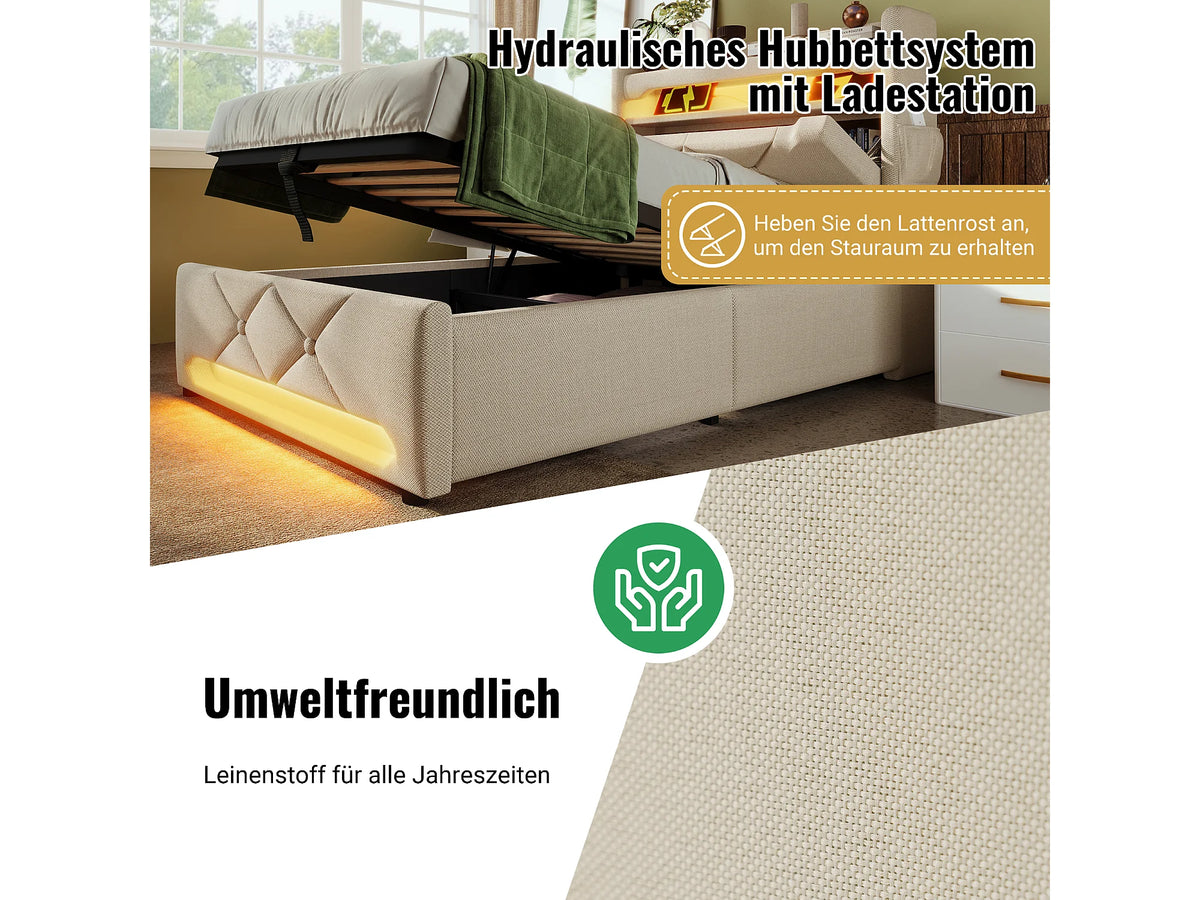 Lit Coffre 180x200 Tissu Lin Beige avec LED et Port USB — vue 7