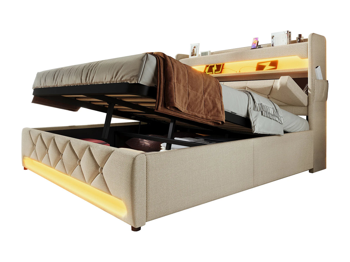 Lit Coffre 180x200 Tissu Lin Beige avec LED et Port USB — vue 2
