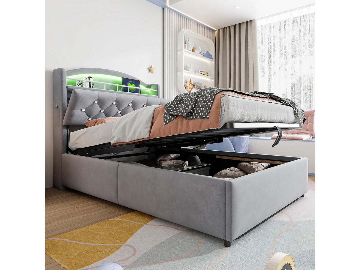 Lit Coffre 90x200 Velours Gris avec LED et Port USB — vue 2
