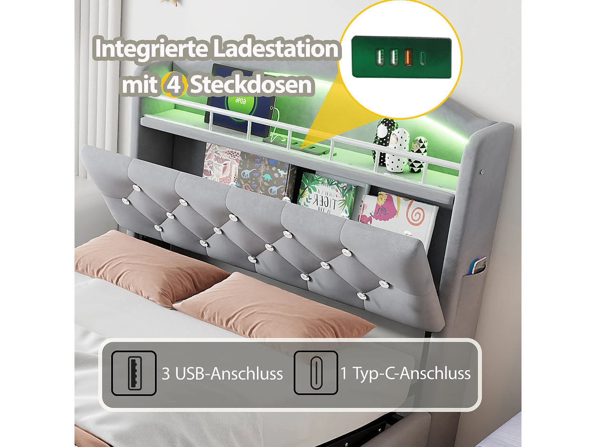 Lit Coffre 90x200 Velours Gris avec LED et Port USB — vue 9