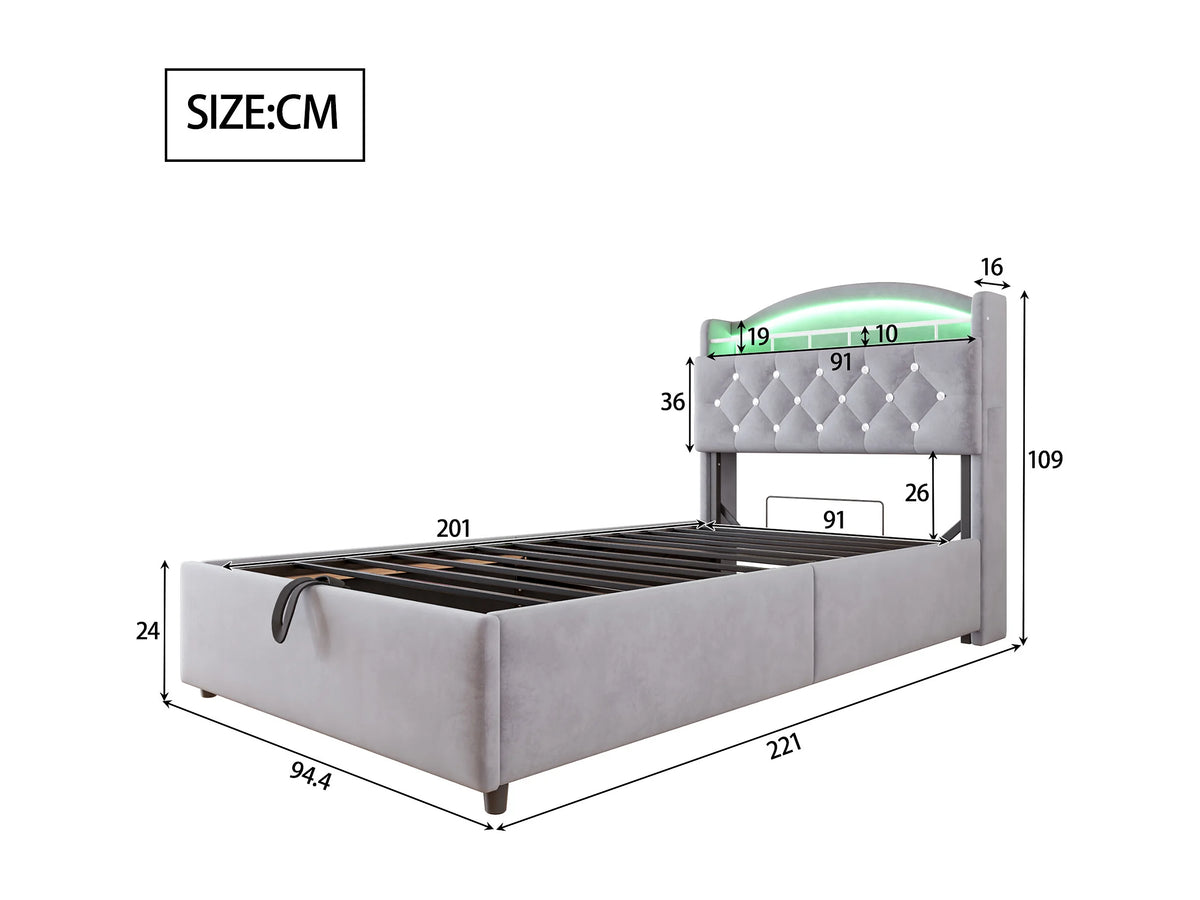 Lit Coffre 90x200 Velours Gris avec LED et Port USB — vue 10