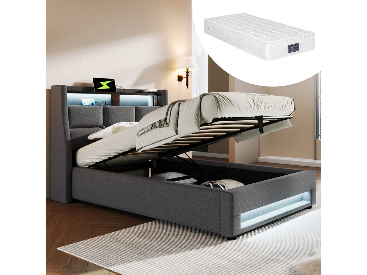 Lit Coffre 90x200 Tissu Lin Gris avec Matelas, LED et Port USB — vue 4