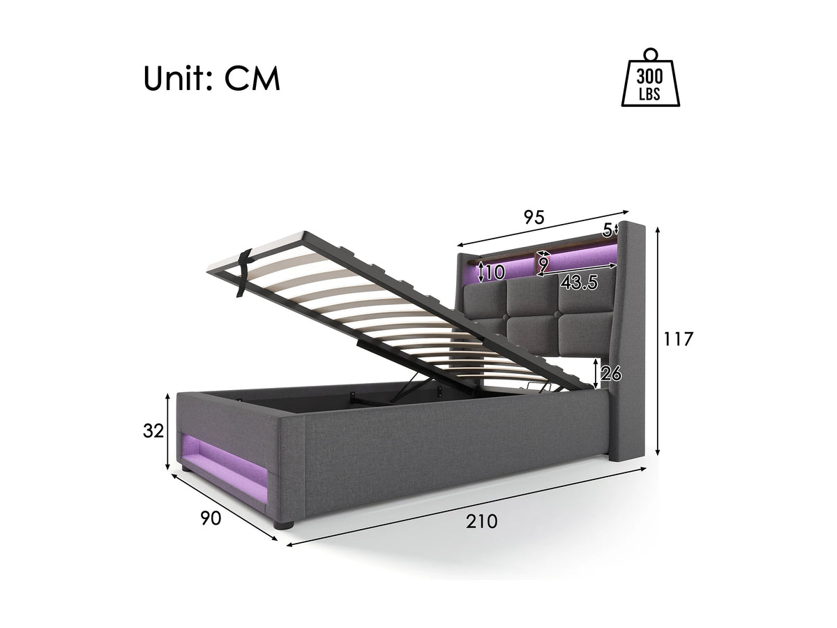 Lit Coffre 90x200 Tissu Lin Gris avec Matelas, LED et Port USB — vue 7