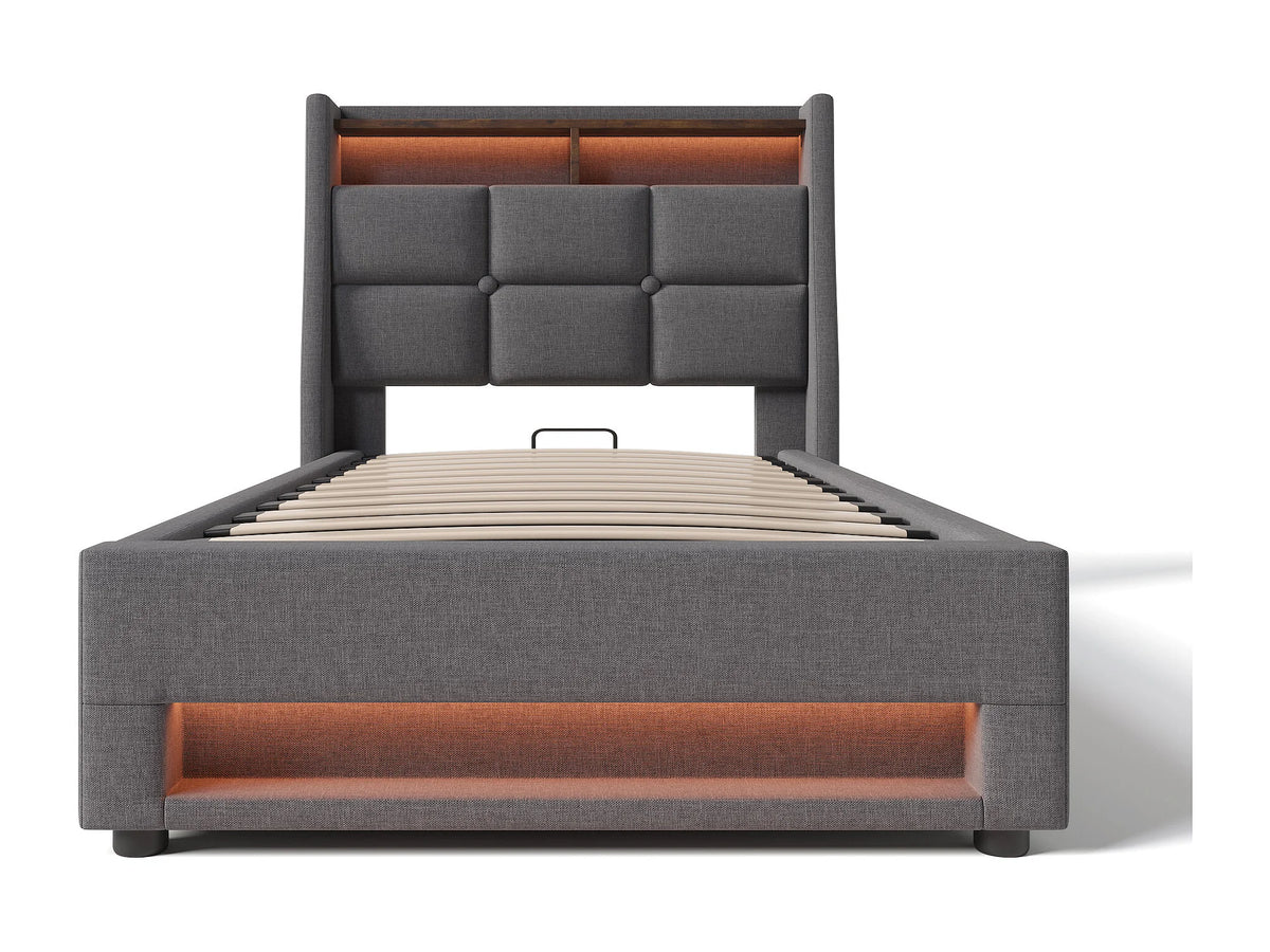 Lit Coffre 90x200 Tissu Lin Gris avec Matelas, LED et Port USB — vue 5
