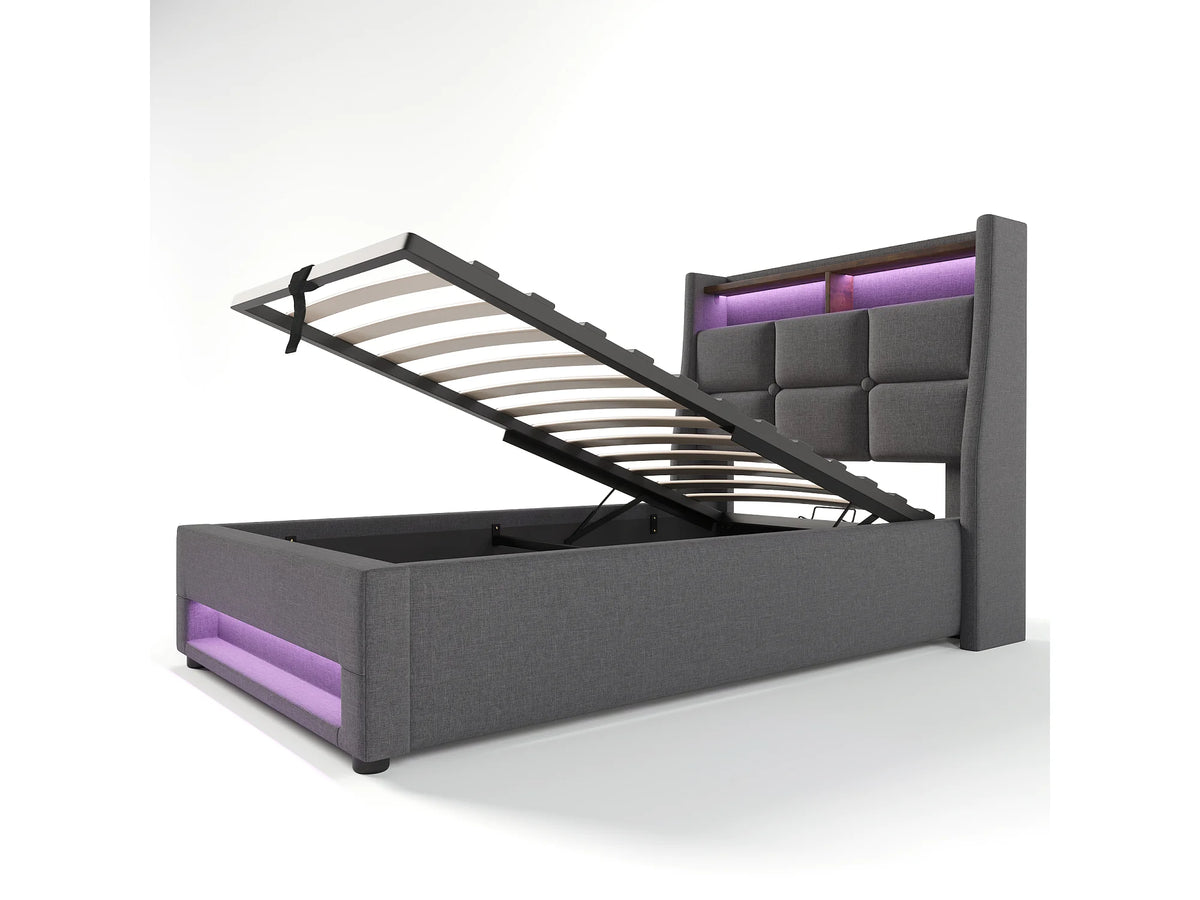Lit Coffre 90x200 Tissu Lin Gris avec Matelas, LED et Port USB — vue 6