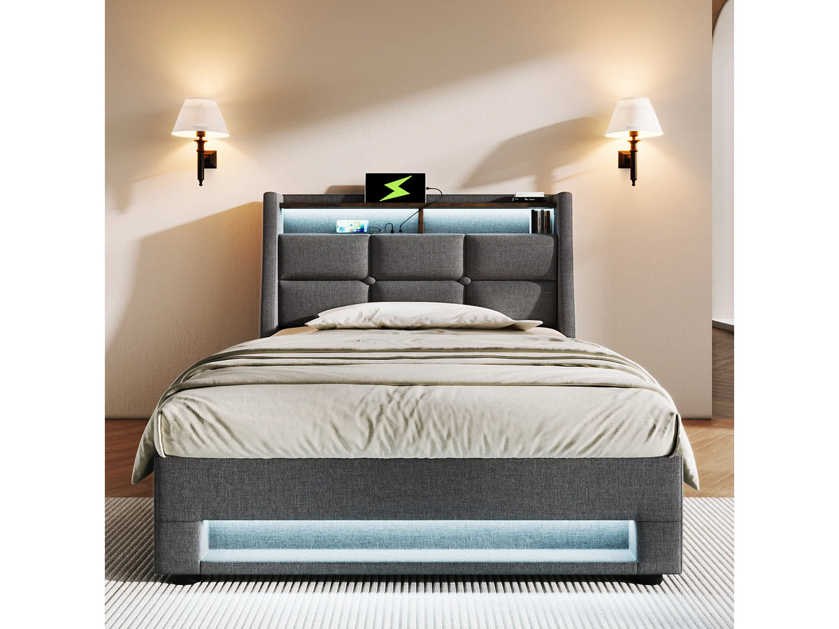 Lit Coffre 90x200 Tissu Lin Gris avec Matelas, LED et Port USB