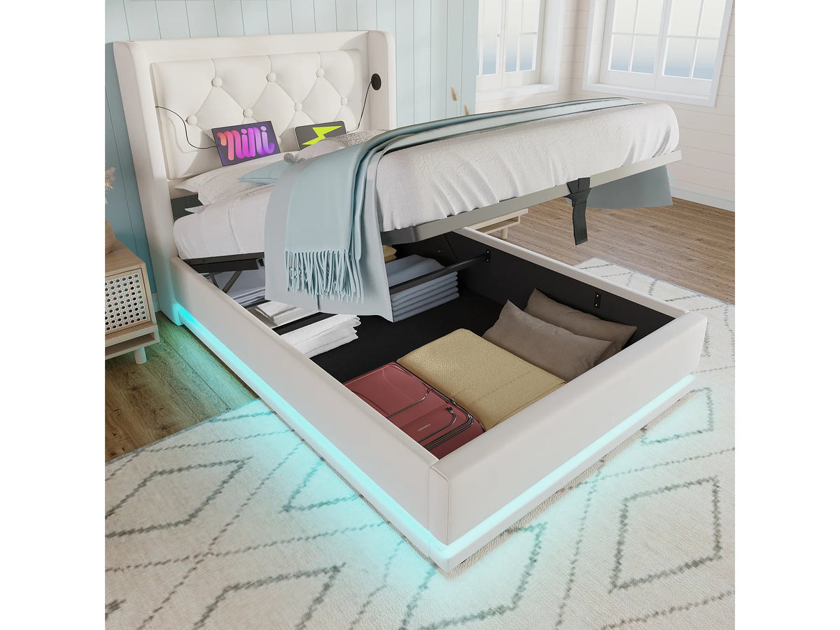 Lit Coffre 90x200 Simili Cuir Blanc Capitonné avec LED et Port USB — vue 2