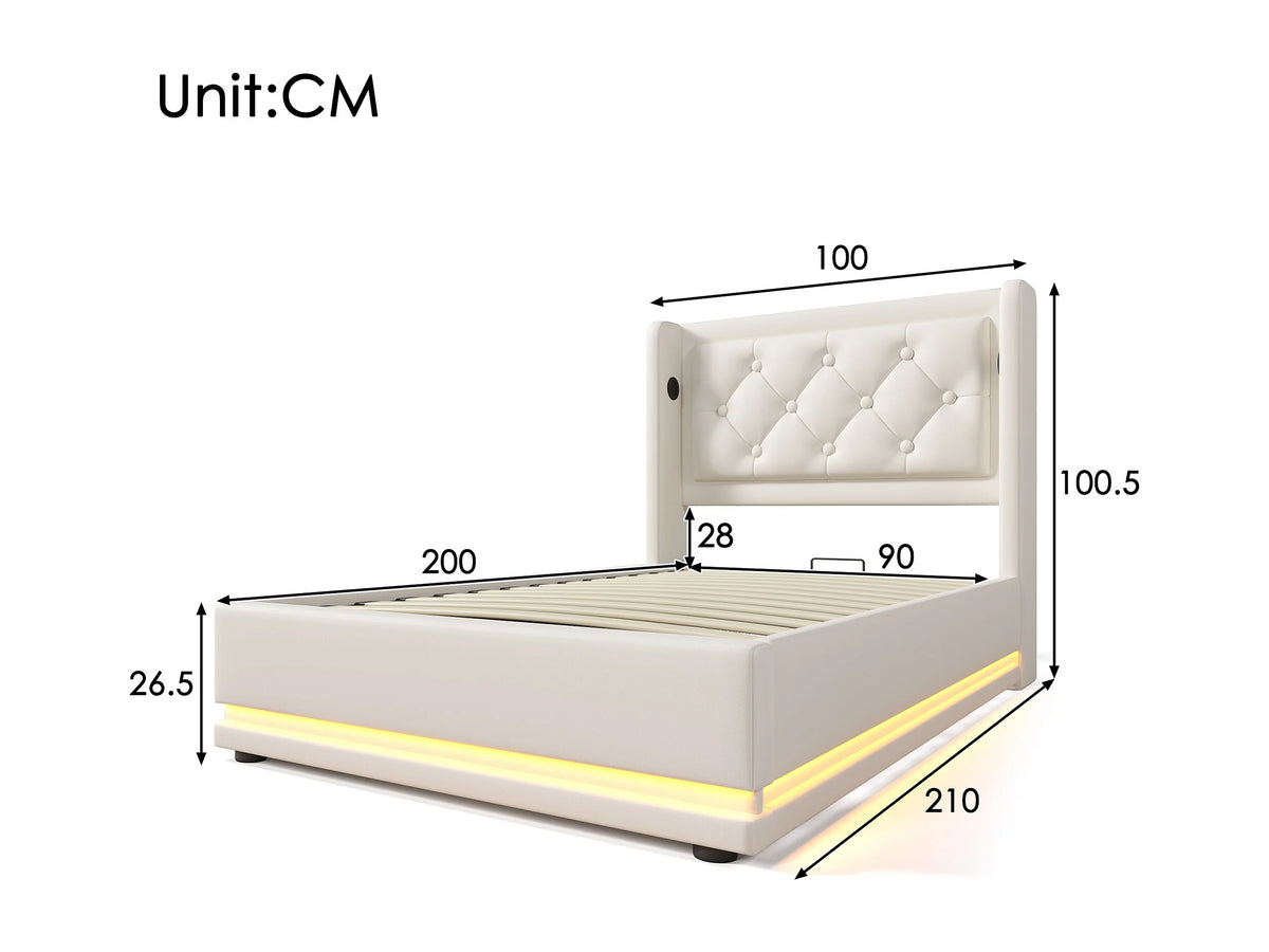 Lit Coffre 90x200 Simili Cuir Blanc Capitonné avec LED et Port USB — vue 7