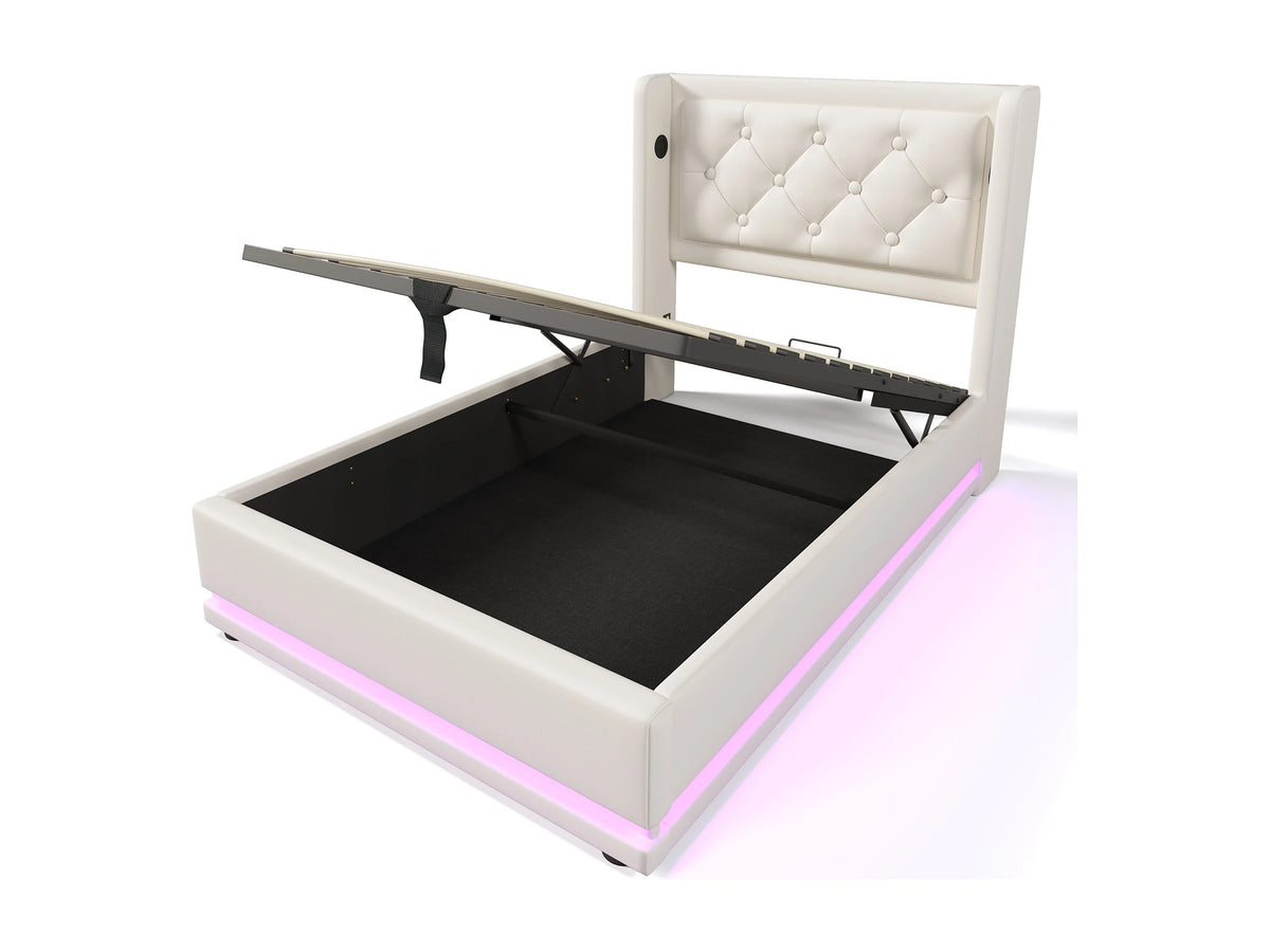 Lit Coffre 90x200 Simili Cuir Blanc Capitonné avec LED et Port USB — vue 5