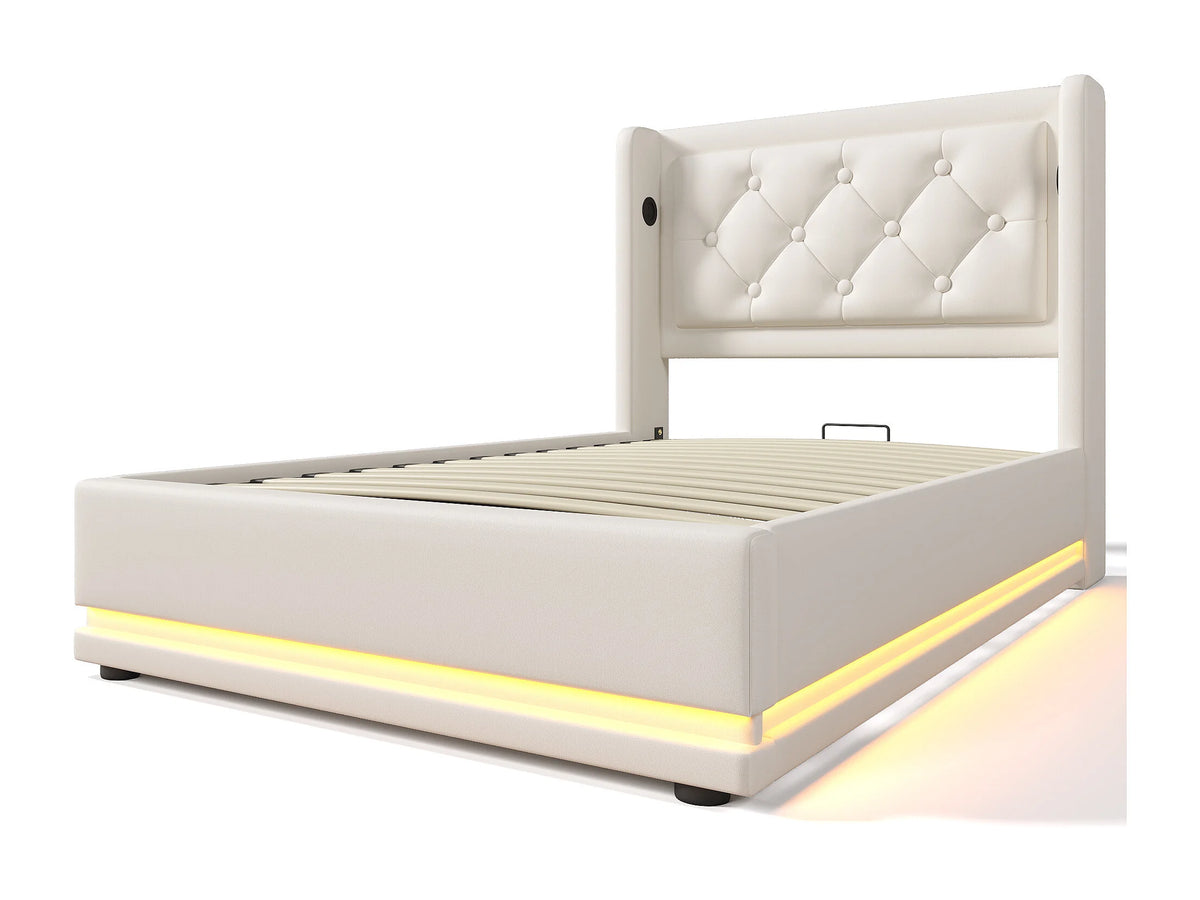 Lit Coffre 90x200 Simili Cuir Blanc Capitonné avec LED et Port USB — vue 6