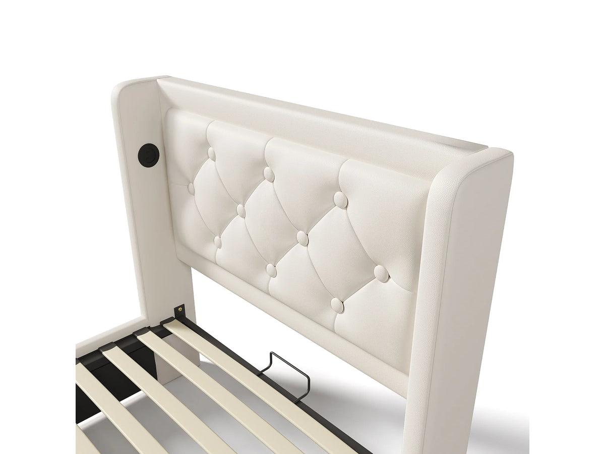 Lit Coffre 90x200 Simili Cuir Blanc Capitonné avec LED et Port USB — vue 8